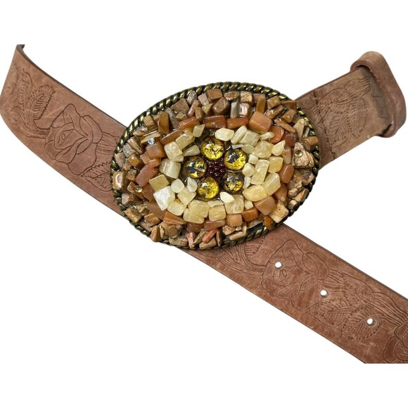 Express Brown Floral Tooled Leather Belt w Stone & Rock Buckle  Size S  Artisan - Picture 3 of 14